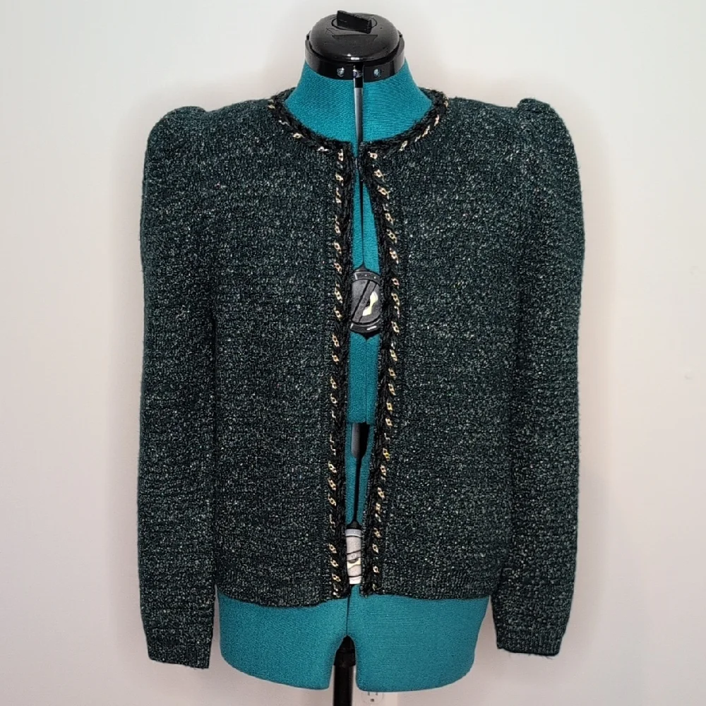 Express Emerald Green Metallic Lurex Chain Trim Tweed Women's Blazer Size S, NWT - Picture 2 of 8